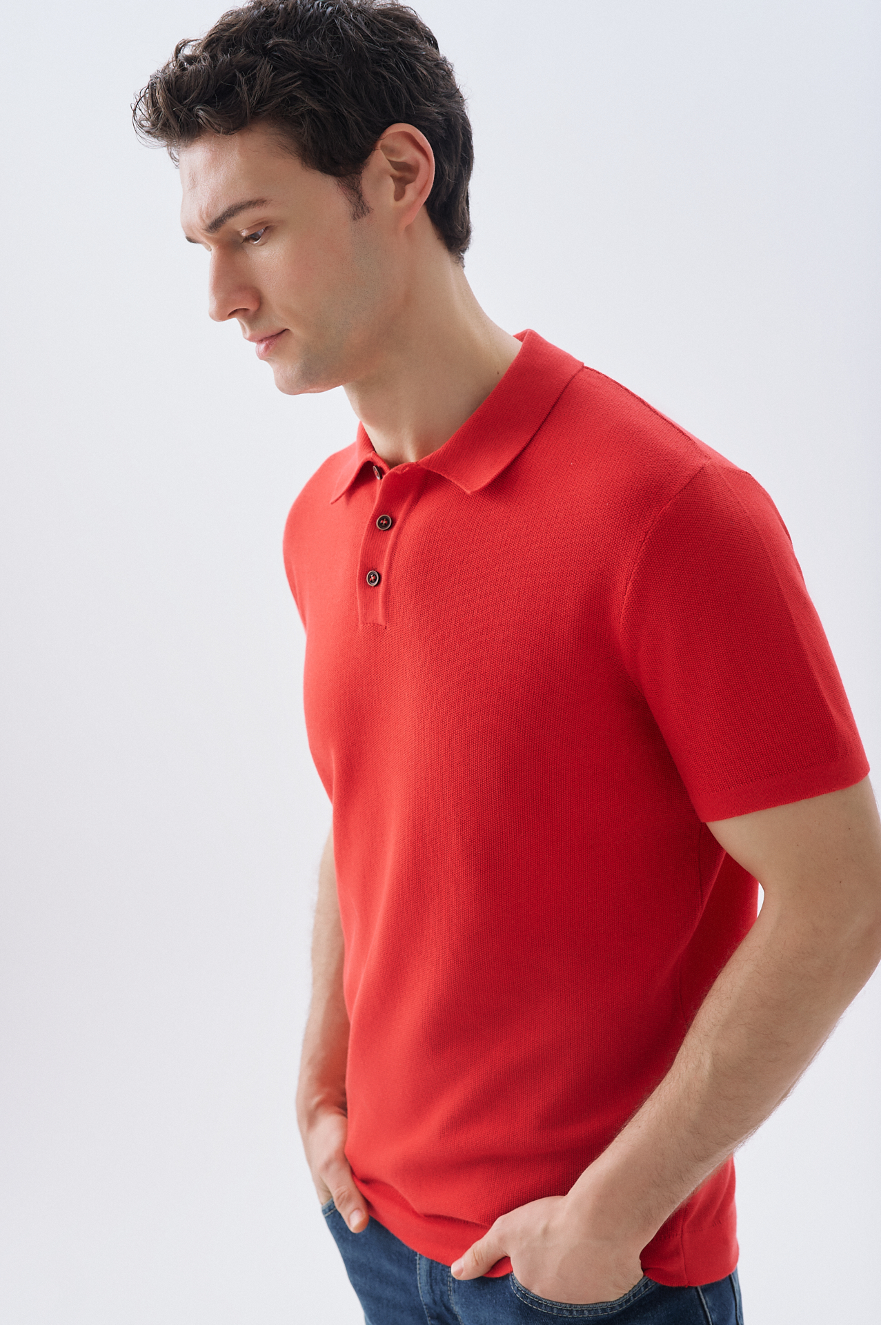 Erkek Yeşil Düğmeli Polo Yaka Kısa Kollu Triko Kazak