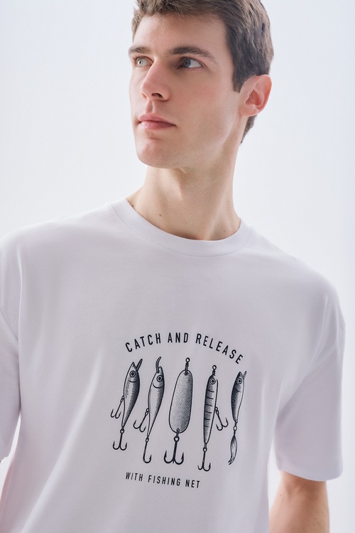 BASKILI OVERSIZE BİSİKLET YAKA T-SHIRT