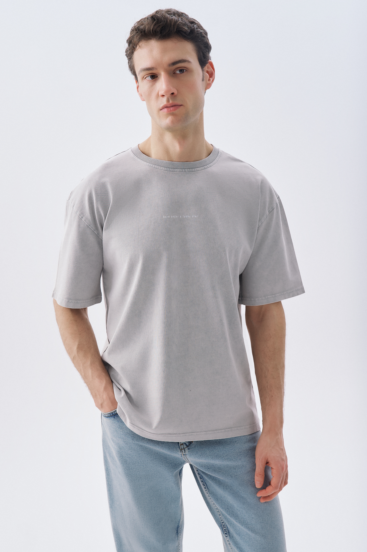 BASKILI OVERSIZE BİSİKLET YAKA T-SHIRT