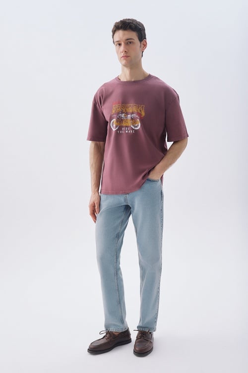 BASKILI OVERSIZE BİSİKLET YAKA T-SHIRT