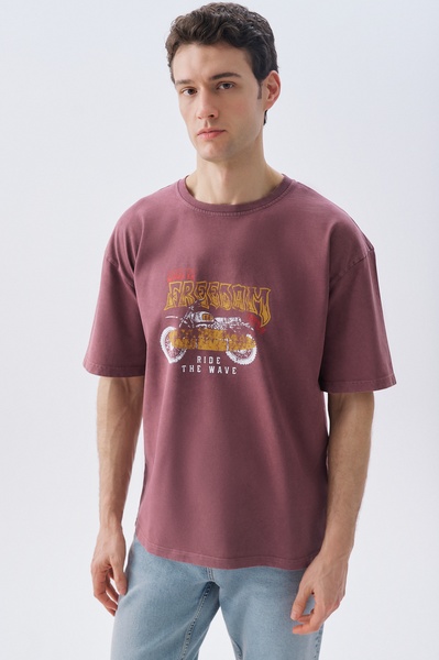 Mudo Erkek Kahverengi Baskılı Oversize Bisiklet Yaka T-Shirt