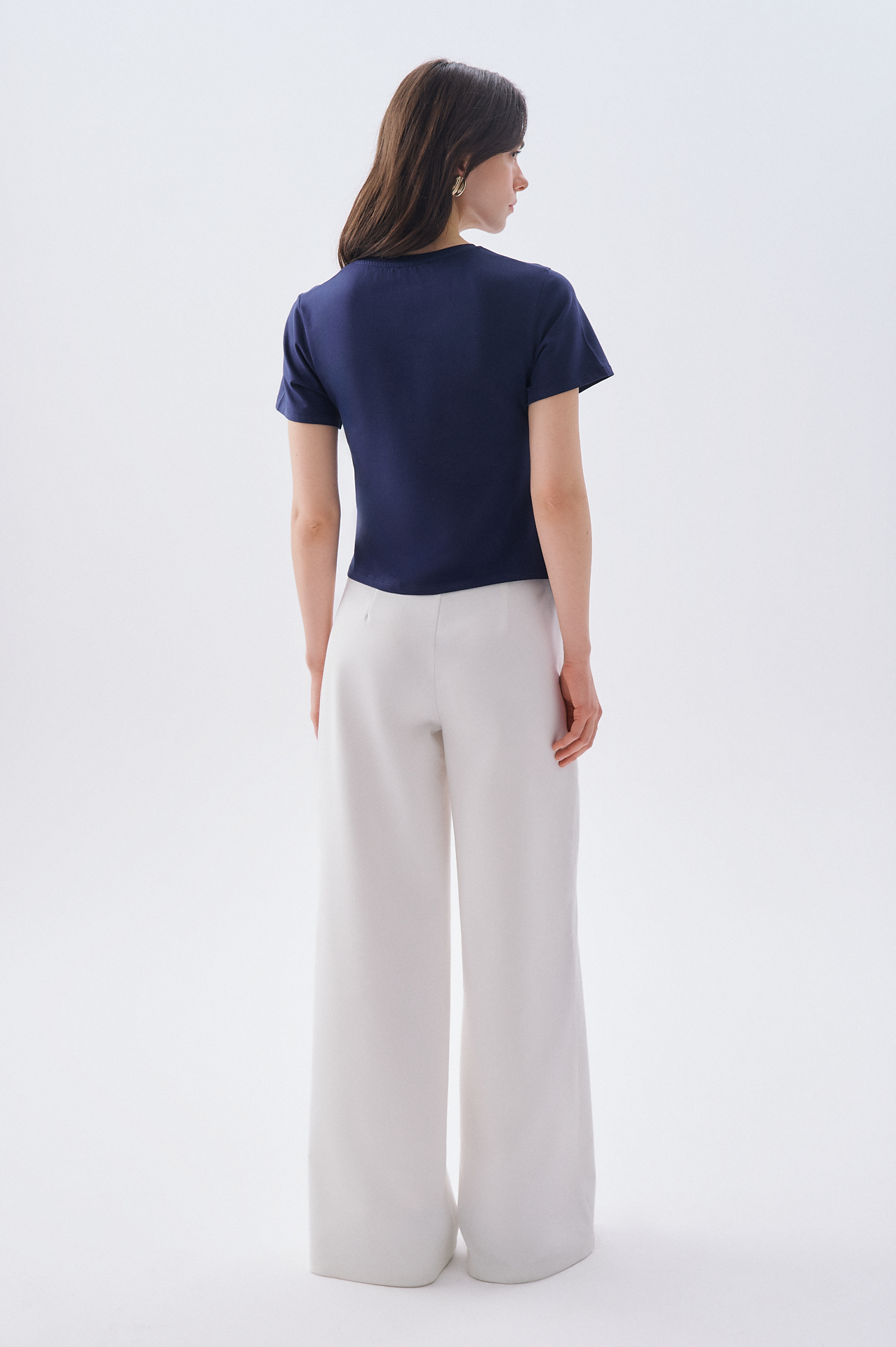 Kadın Lacivert Asimetrik Kesim Düğmeli Kısa Kollu Bluz