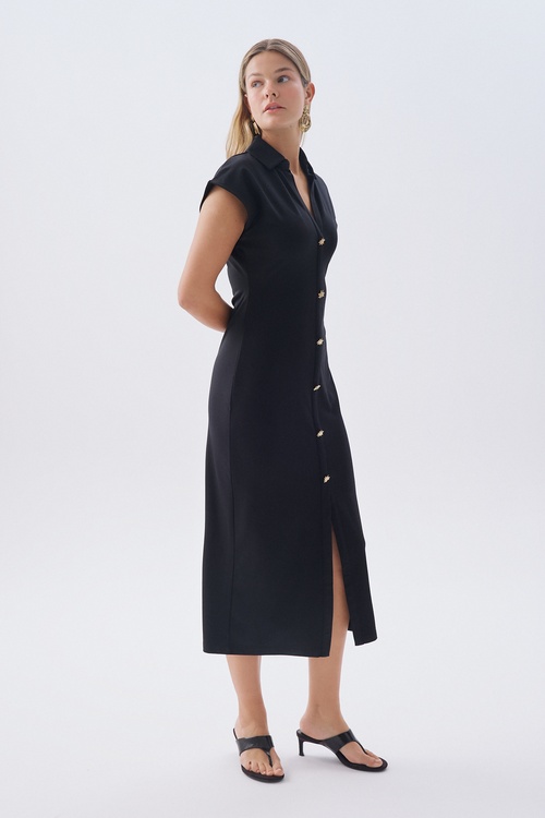 FITTED DÜĞME DETAYLI KOLSUZ MİDİ ELBİSE