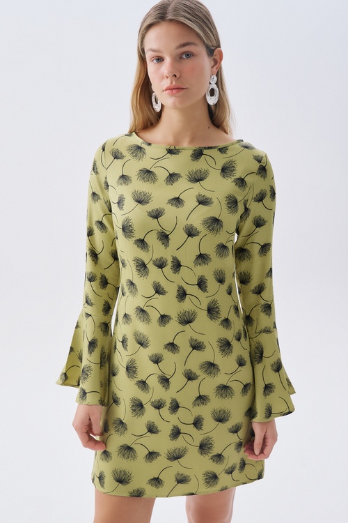 FLORAL DESENLİ BAĞLAMA DETAYLI MİNİ ELBİSE