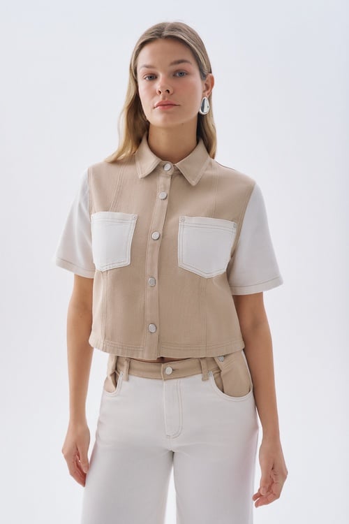 RENK BLOKLU ÇİFT CEPLİ CROP CEKET