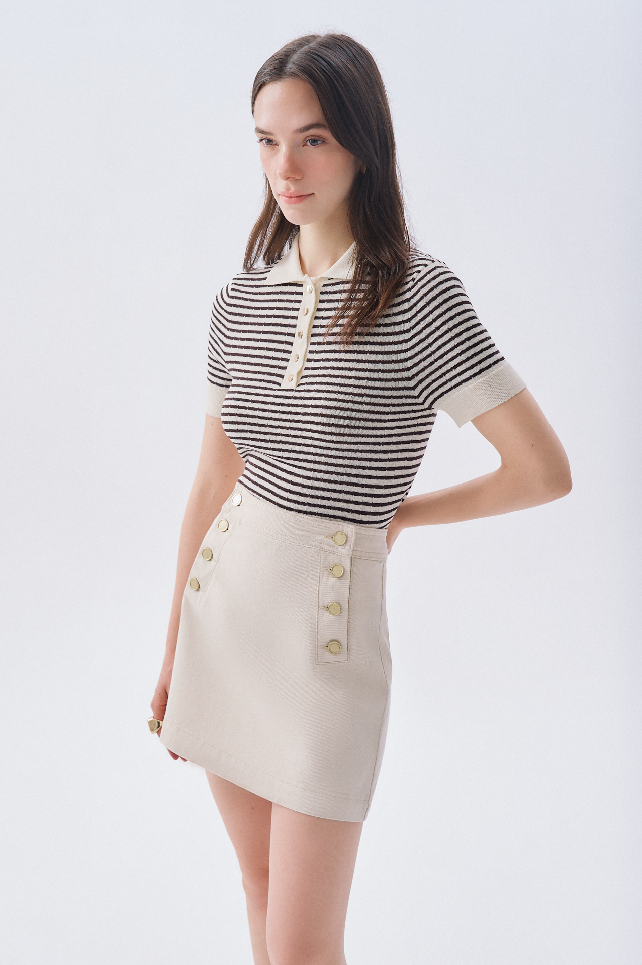 ÇİZGİLİ FITTED POLO YAKA KISA KOLLU KAZAK