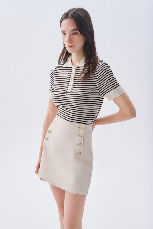 ÇİZGİLİ FITTED POLO YAKA KISA KOLLU KAZAK