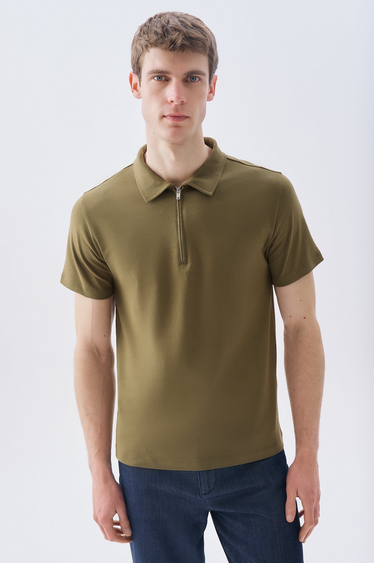 Erkek Kahverengi Fermuarlı Polo Yaka T-Shirt