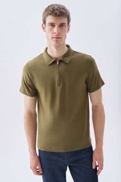 Mudo Erkek Kahverengi Fermuarlı Polo Yaka T-Shirt