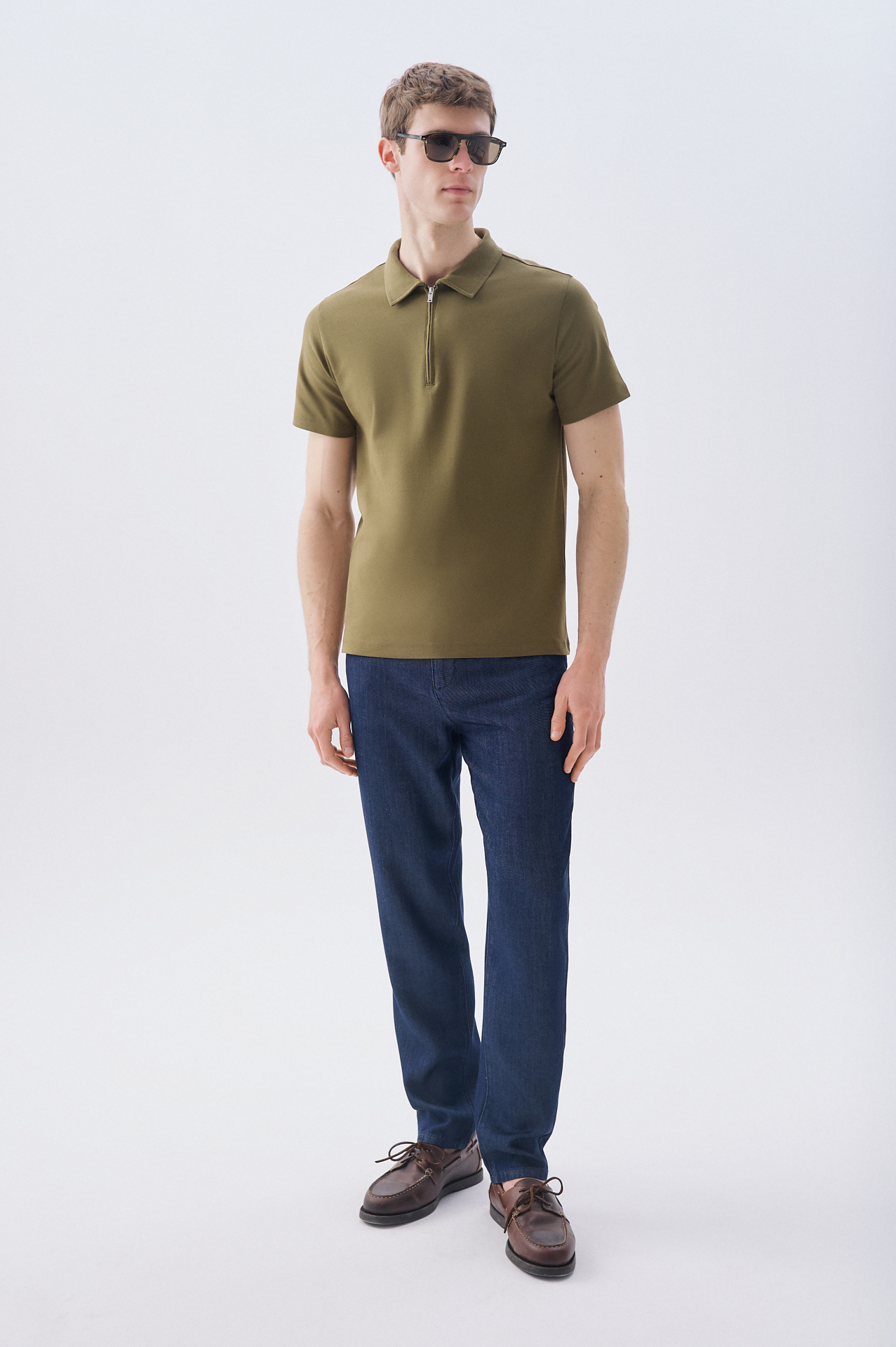 Erkek Kahverengi Fermuarlı Polo Yaka T-Shirt