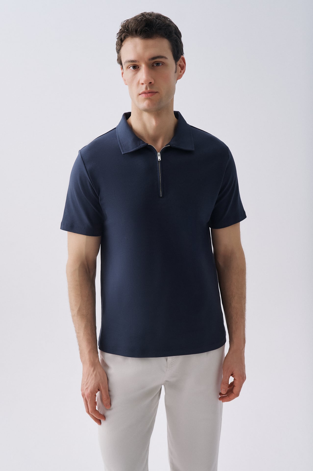 Erkek Lacivert Fermuarlı Polo Yaka T-Shirt