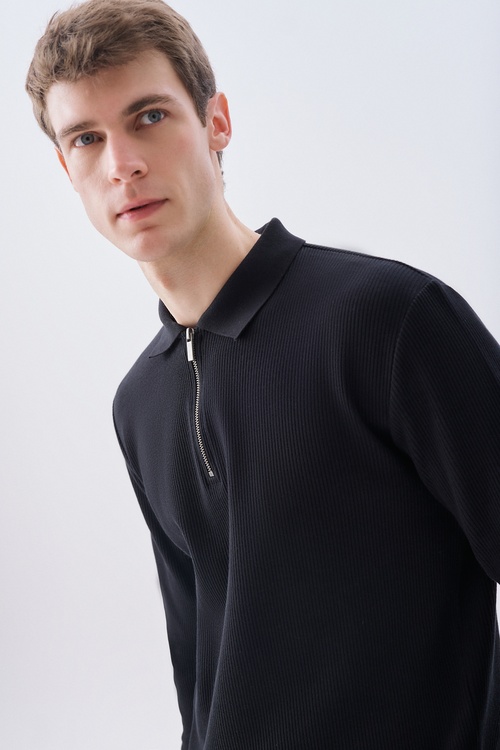 TEKSTÜRLÜ COMFORT FIT POLO YAKA SWEATSHIRT