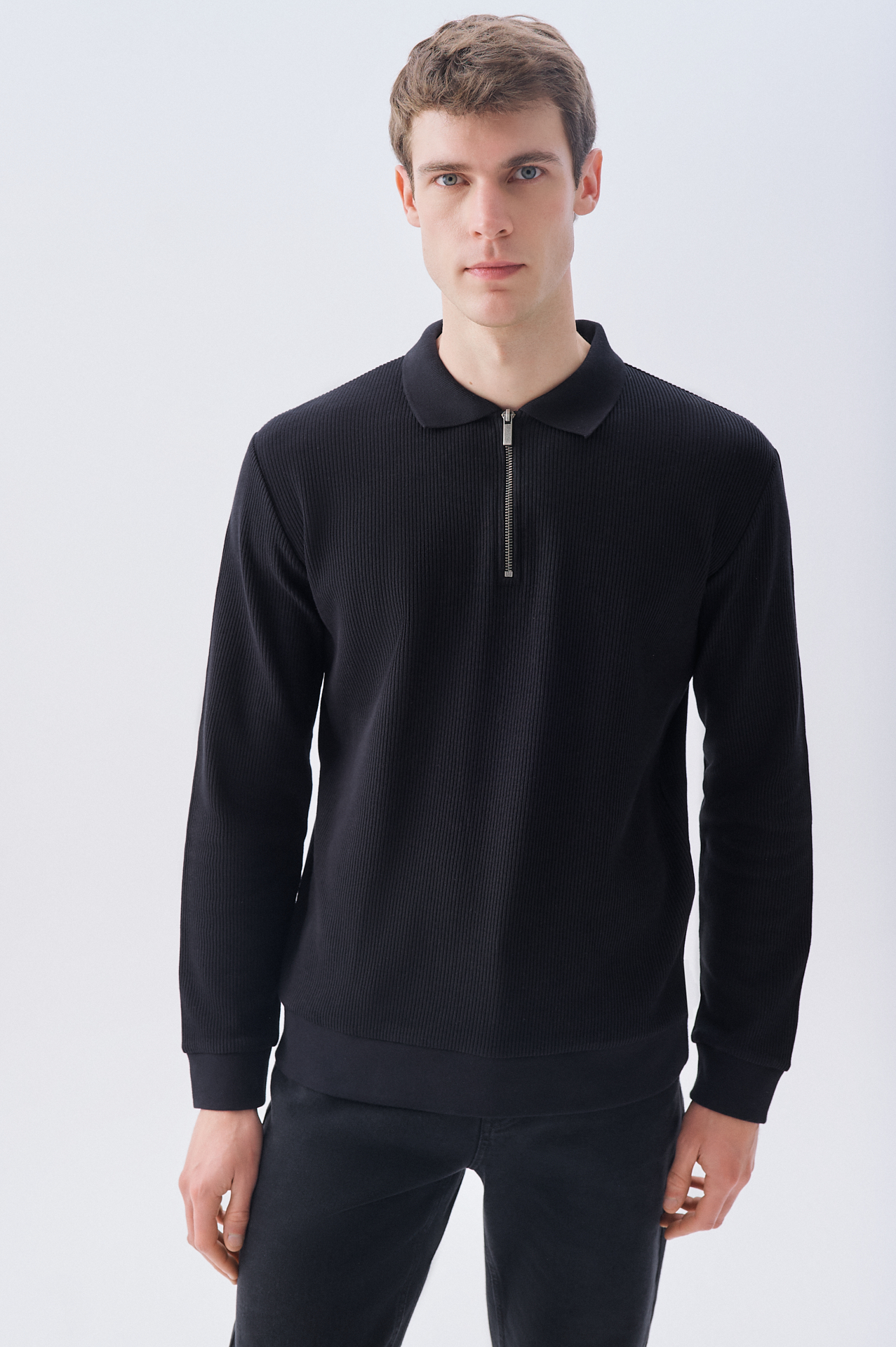 TEKSTÜRLÜ COMFORT FIT POLO YAKA SWEATSHIRT