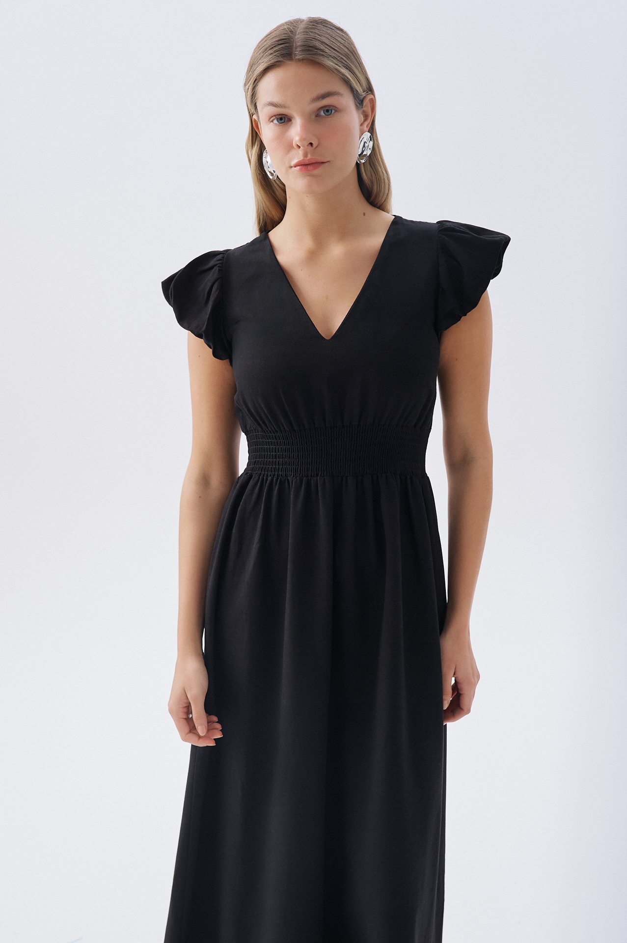 KISA KOLLU BEL DETAYLI DÜZ KESİM MİDİ ELBİSE