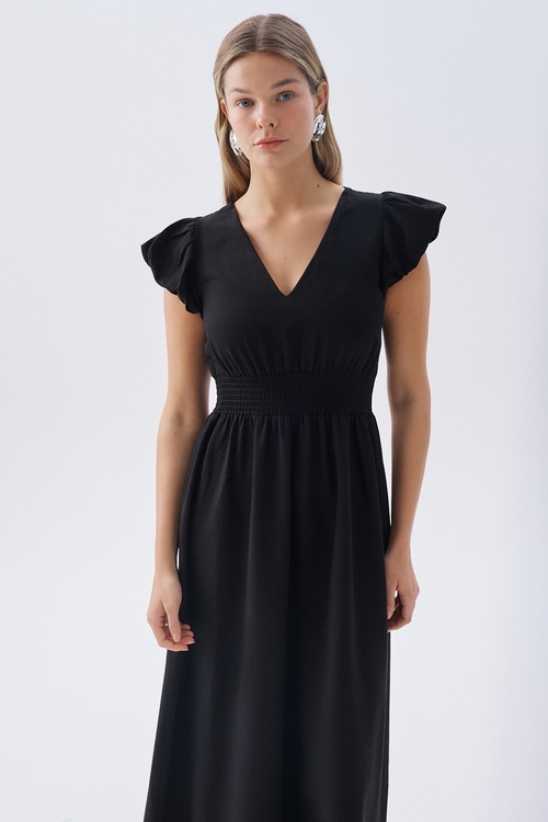 KISA KOLLU BEL DETAYLI DÜZ KESİM MİDİ ELBİSE