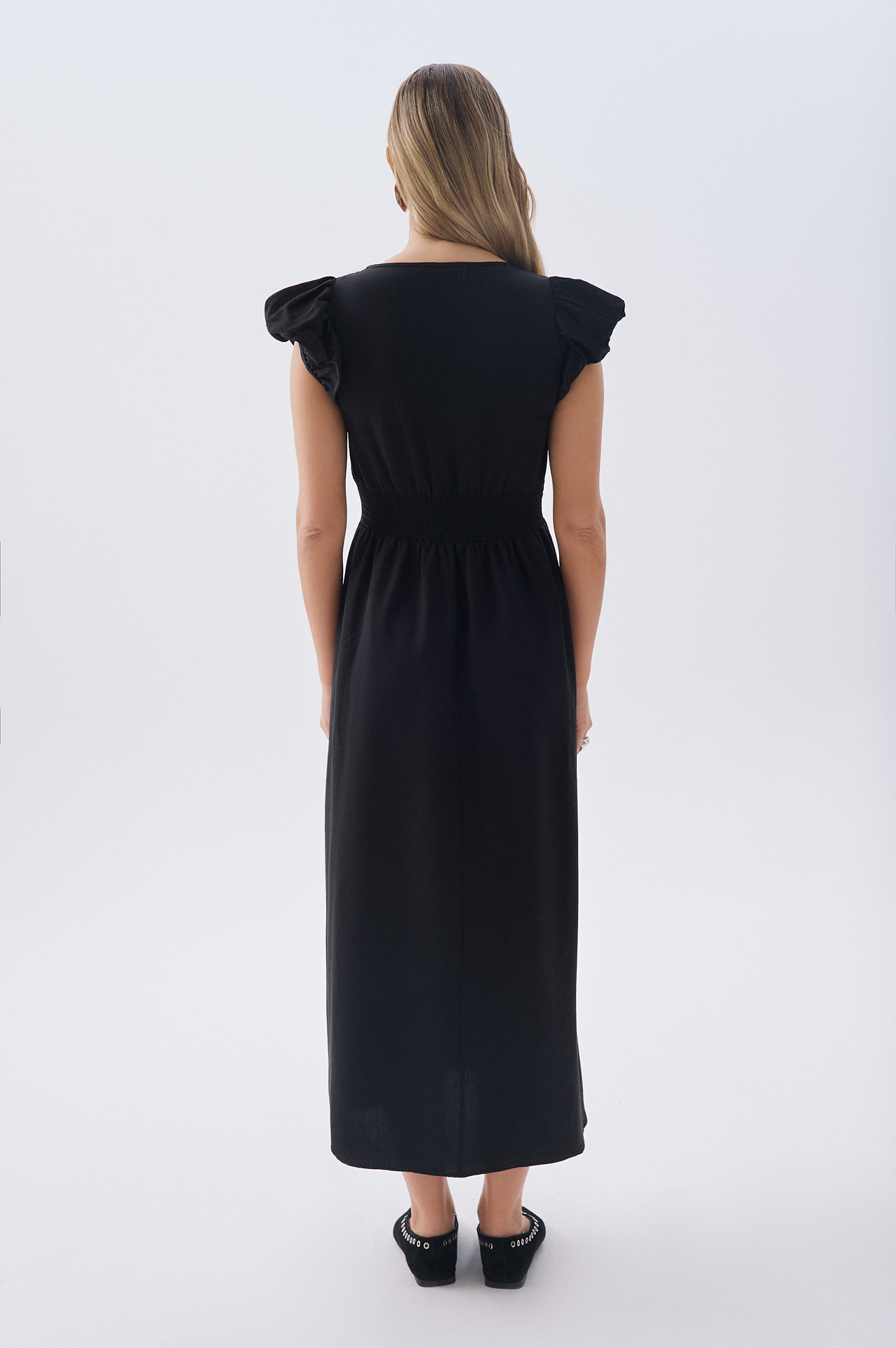 KISA KOLLU BEL DETAYLI DÜZ KESİM MİDİ ELBİSE