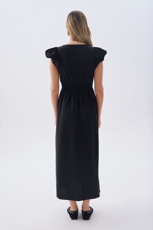 KISA KOLLU BEL DETAYLI DÜZ KESİM MİDİ ELBİSE