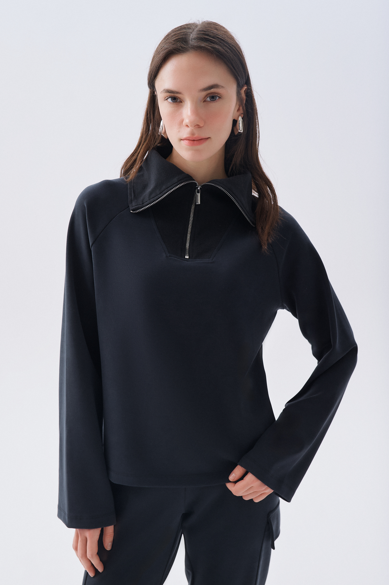 MODAL KARIŞIMLI FERMUARLI POLO YAKA SWEATSHIRT