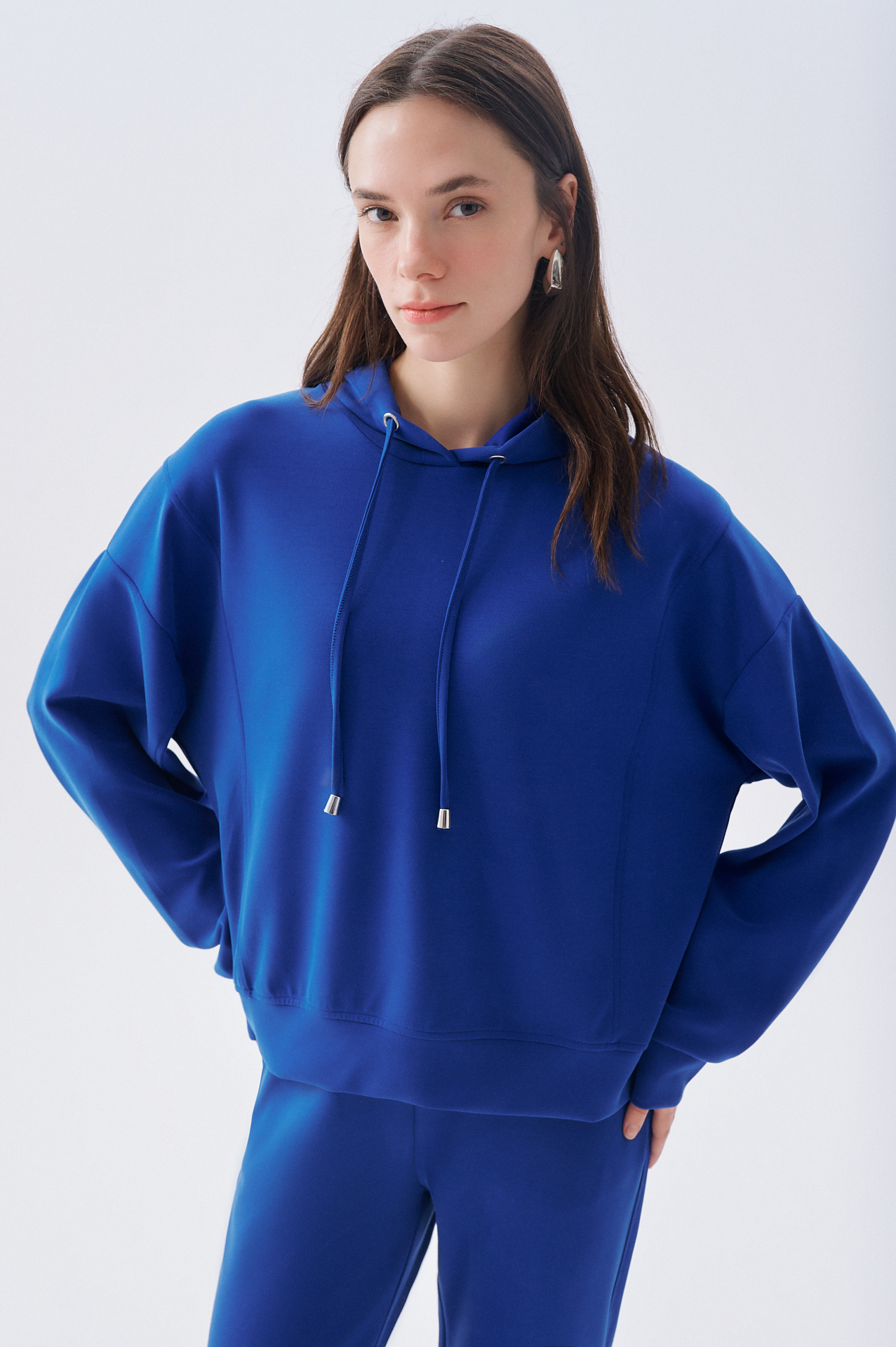 Kadın Koyu Mavi Modal Karışımlı Kapüşonlu Sweatshirt