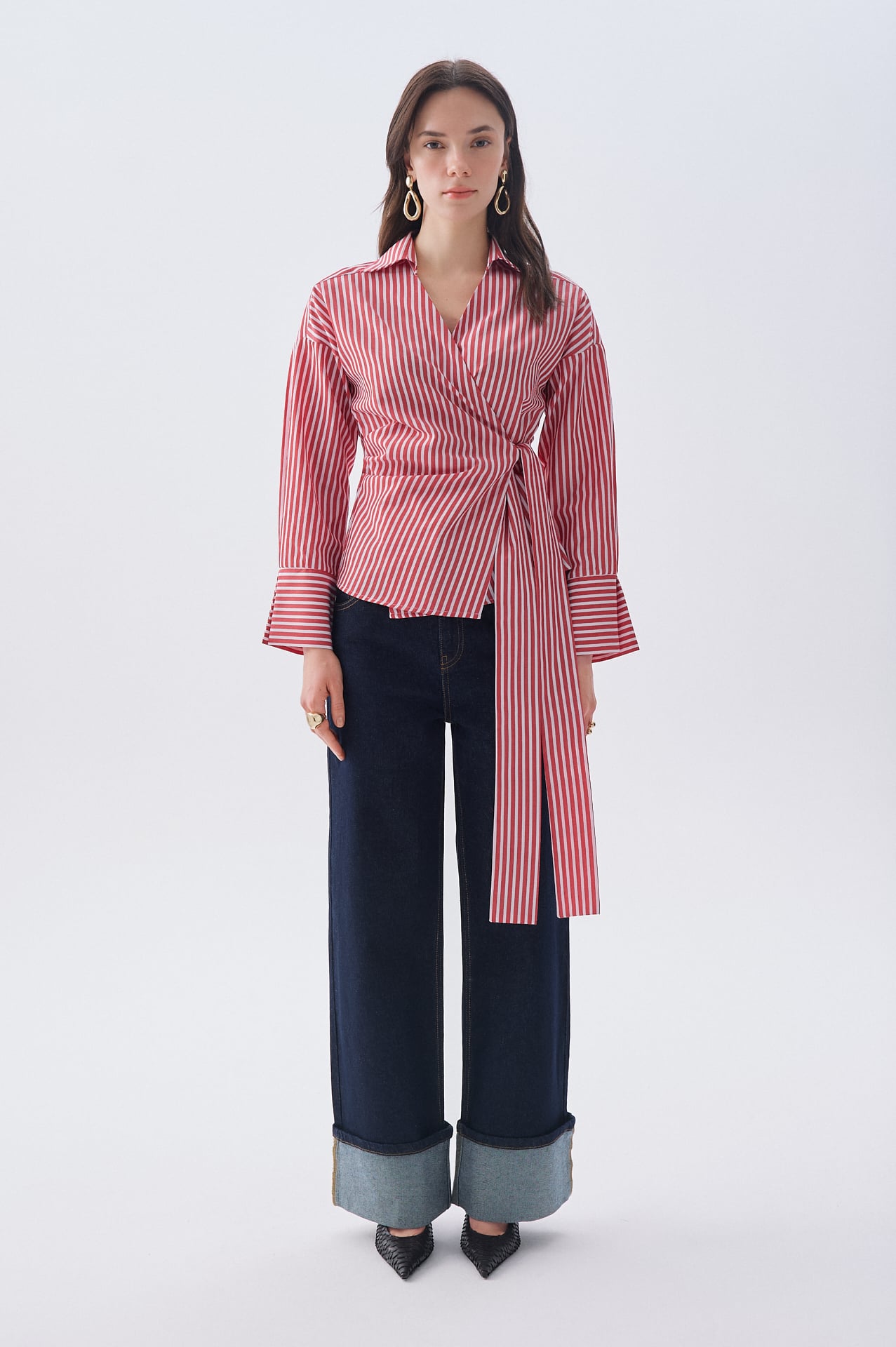Kadın Kırmızı Çizgili Kruvaze Bağlamalı Oversize Bluz