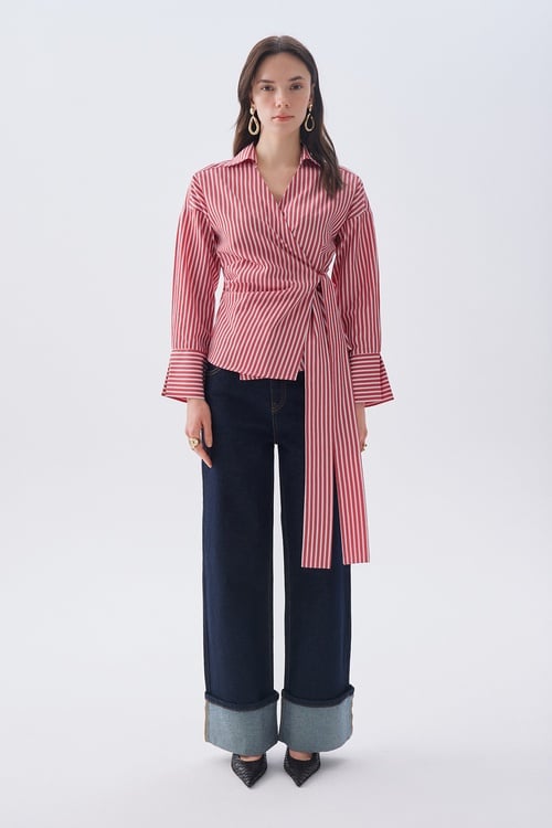  Kadın Kırmızı Çizgili Kruvaze Bağlamalı Oversize Bluz