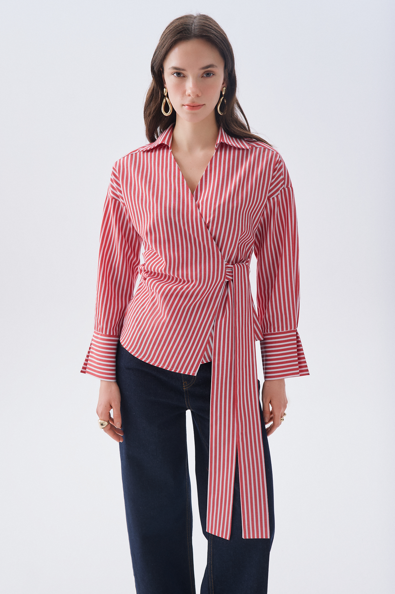 Kadın Kırmızı Çizgili Kruvaze Bağlamalı Oversize Bluz
