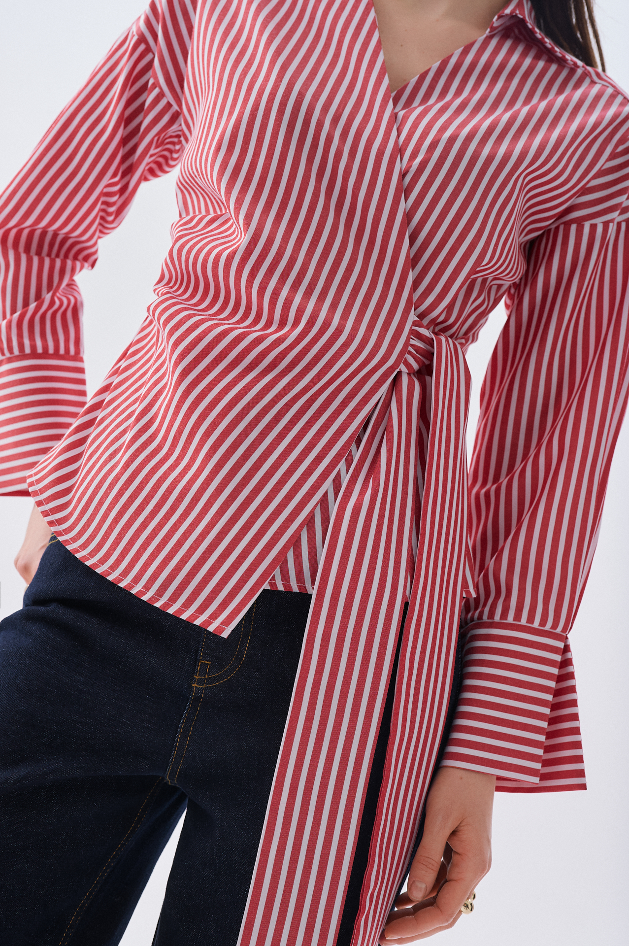 Kadın Kırmızı Çizgili Kruvaze Bağlamalı Oversize Bluz