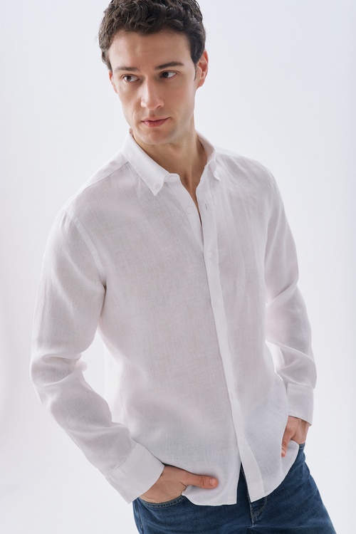  SLIM FIT UZUN KOLLU KETEN GÖMLEK