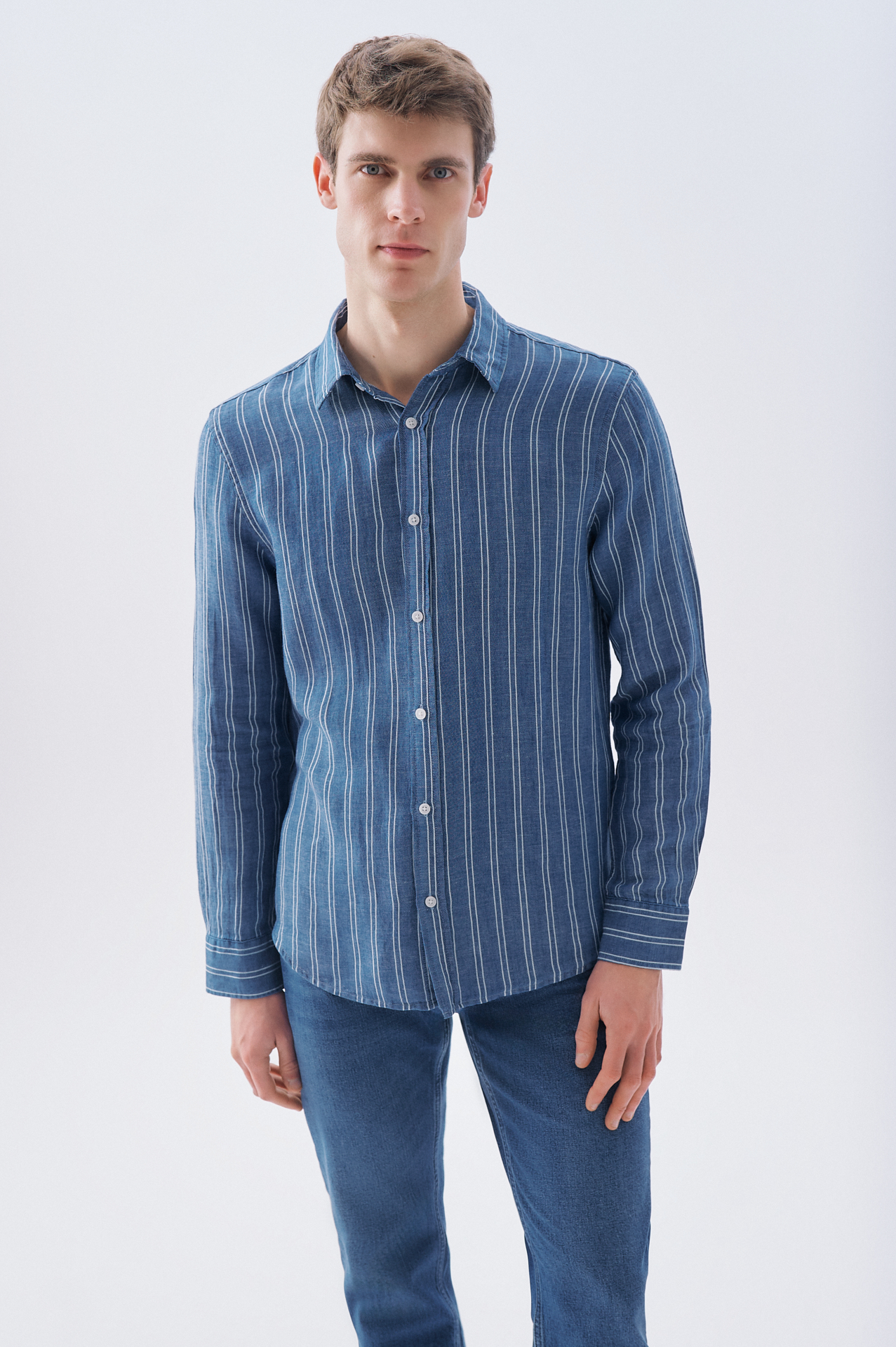 ÇİZGİLİ REGULAR FIT KETEN KARIŞIMLI UZUN KOLLU GÖMLEK