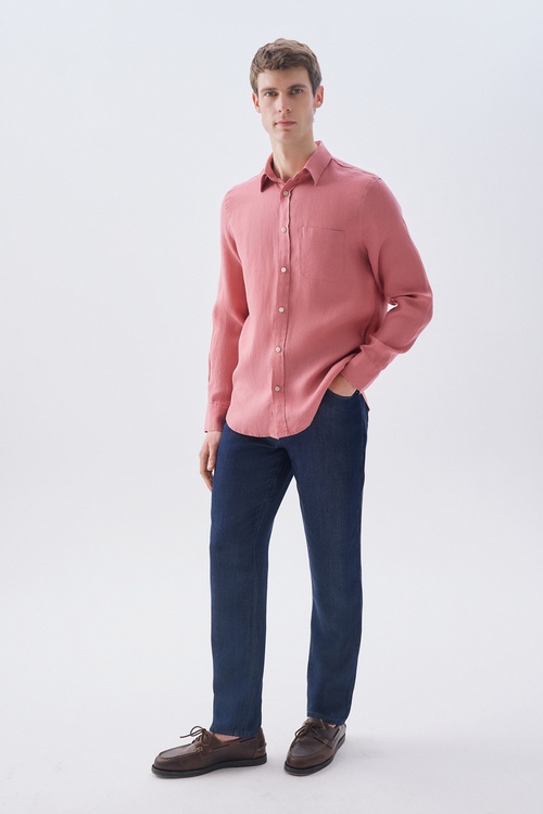 REGULAR FIT UZUN KOLLU KETEN GÖMLEK