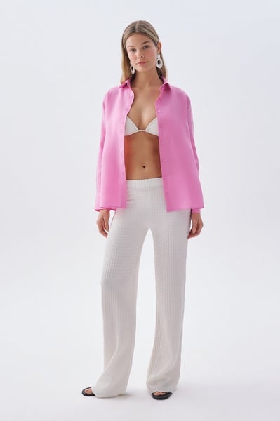 Mudo Kadın Ekru Beli Lastikli Fitilli Wide Leg Örme Pantolon
