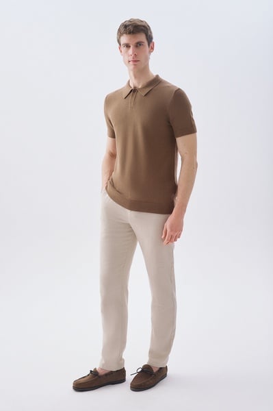 Mudo Erkek Bej Tekstürlü Slim Straight Fit Pantolon