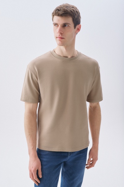 Mudo Erkek Bej Oversize Bisiklet Yaka T-Shirt