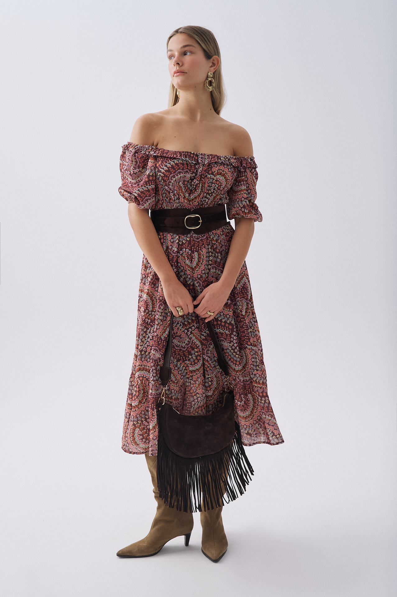 DESENLİ DÜŞÜK OMUZLU FIRFIRLI MİDİ ELBİSE