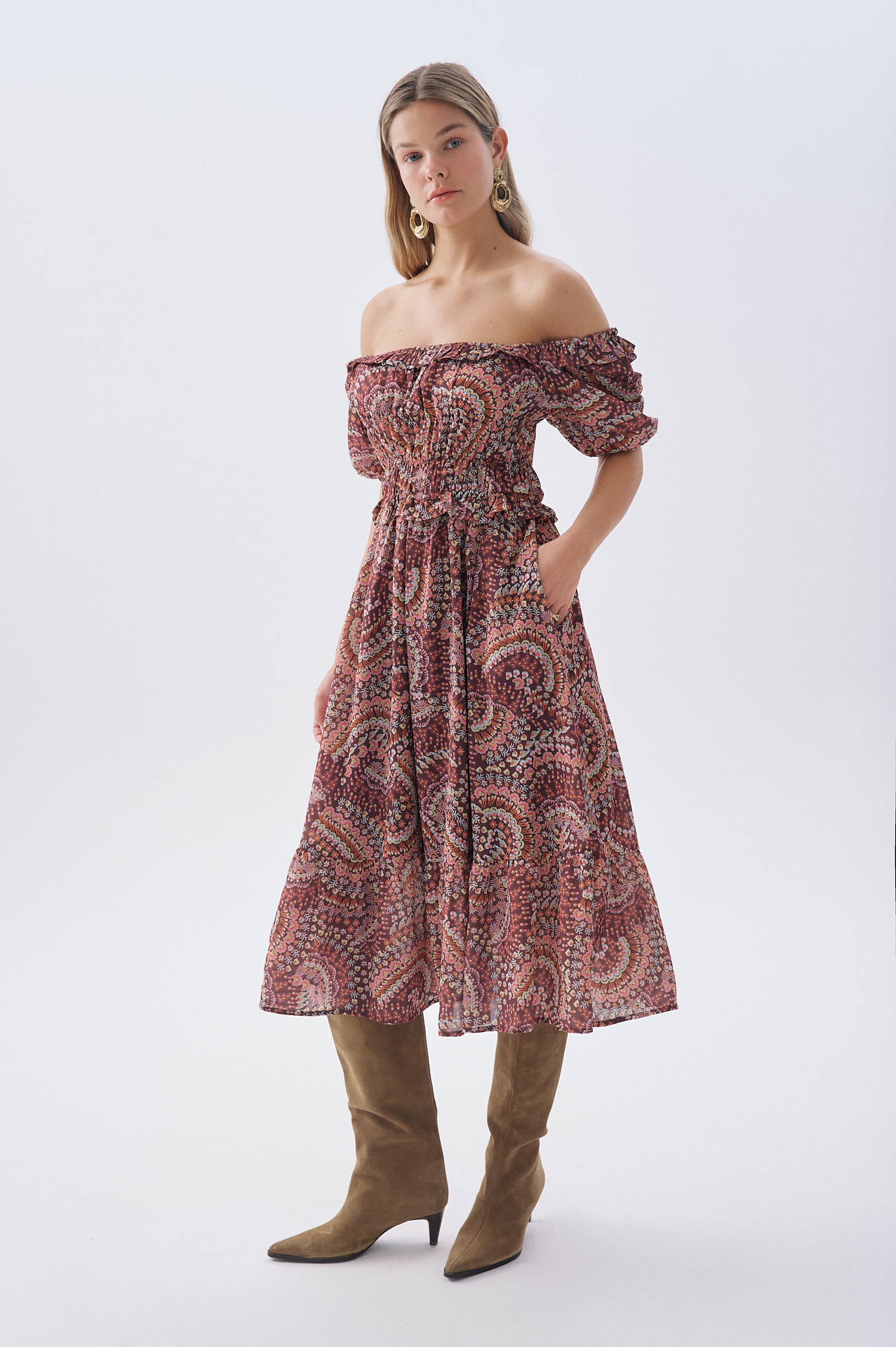 DESENLİ DÜŞÜK OMUZLU FIRFIRLI MİDİ ELBİSE