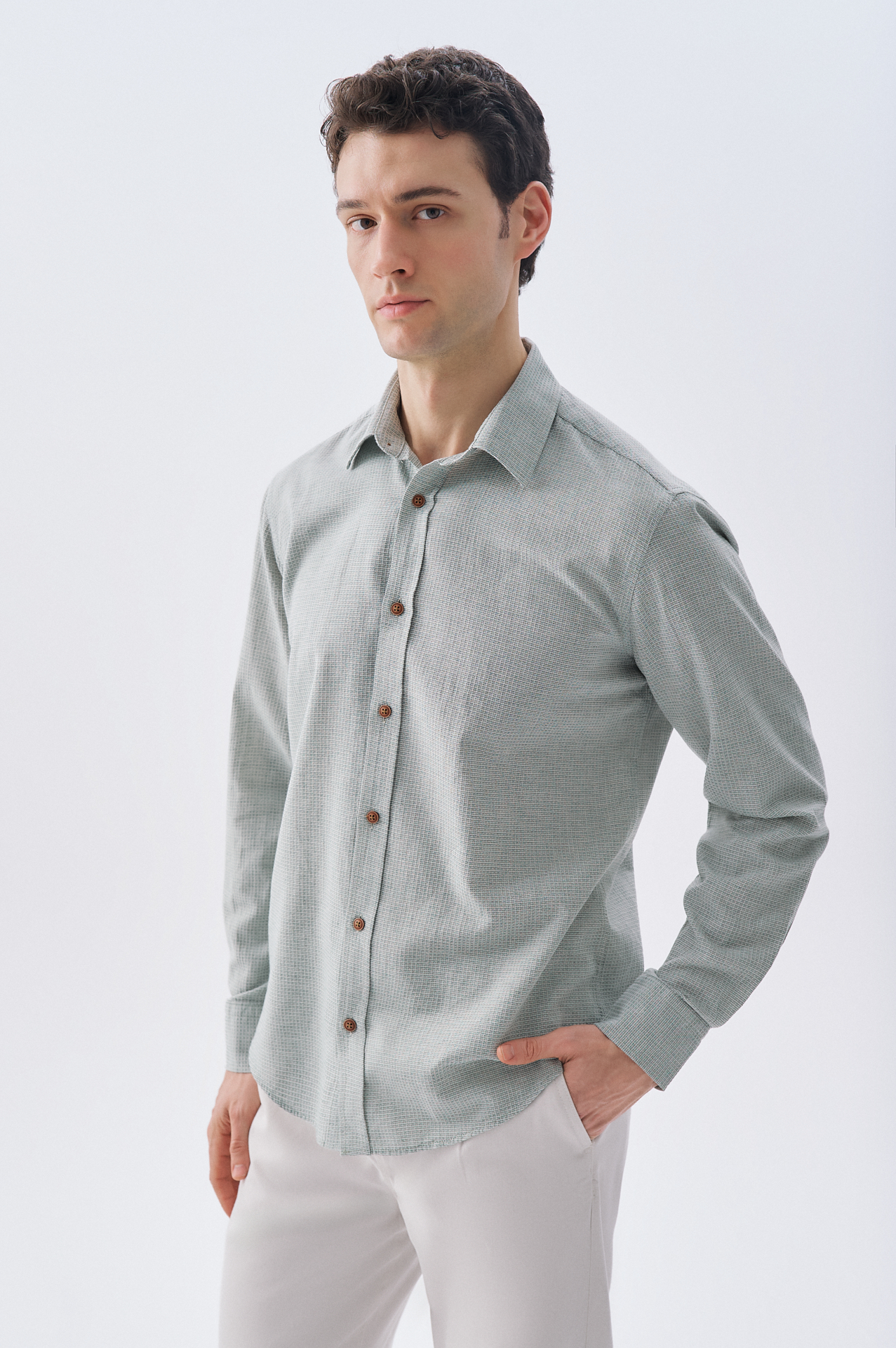 Erkek Yeşil Armürlü Regular Fit Uzun Kollu Gömlek