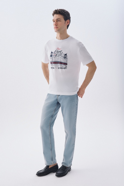 COMFORT FIT BASKILI BİSİKLET YAKA T-SHIRT