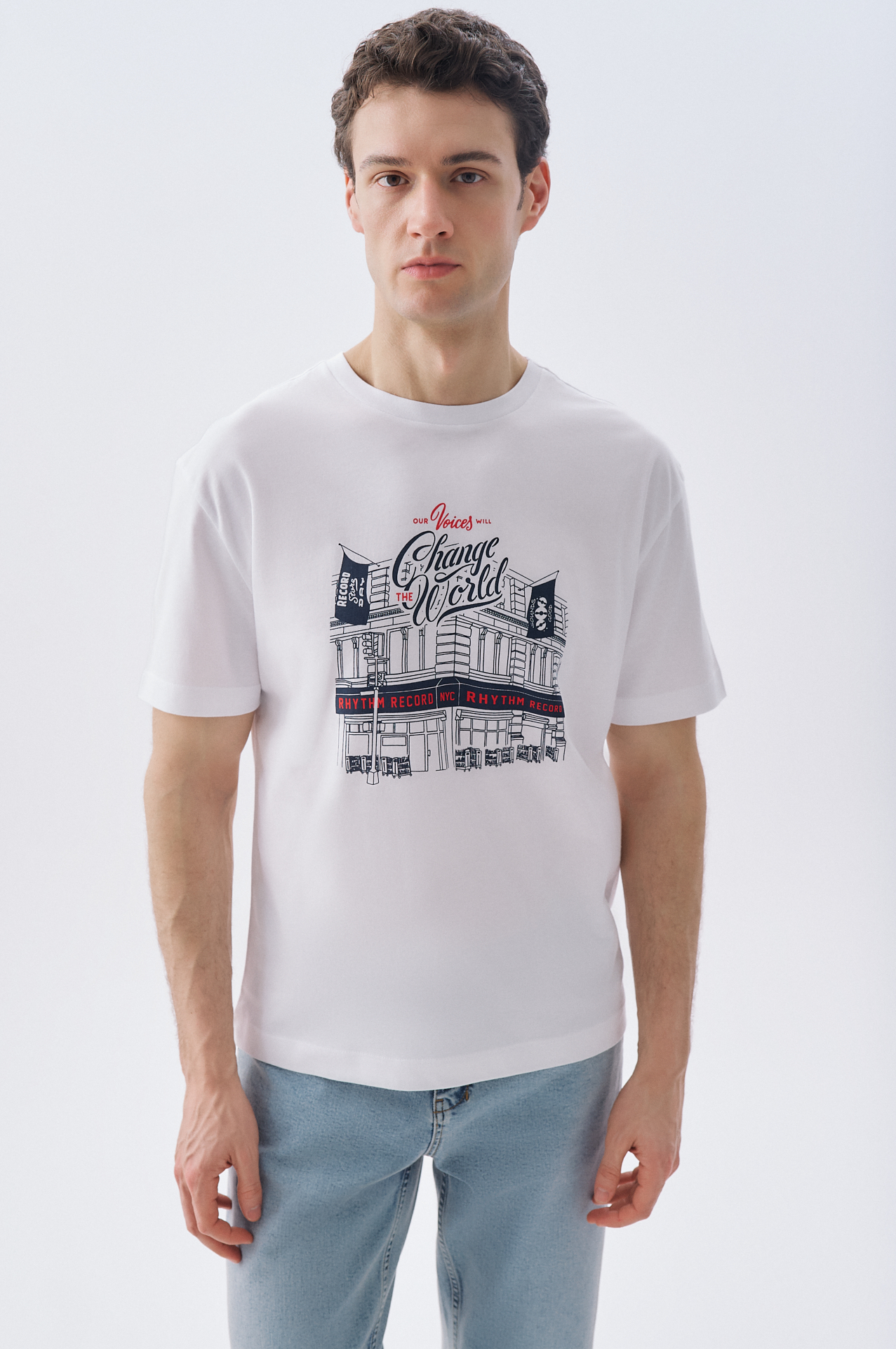 COMFORT FIT BASKILI BİSİKLET YAKA T-SHIRT