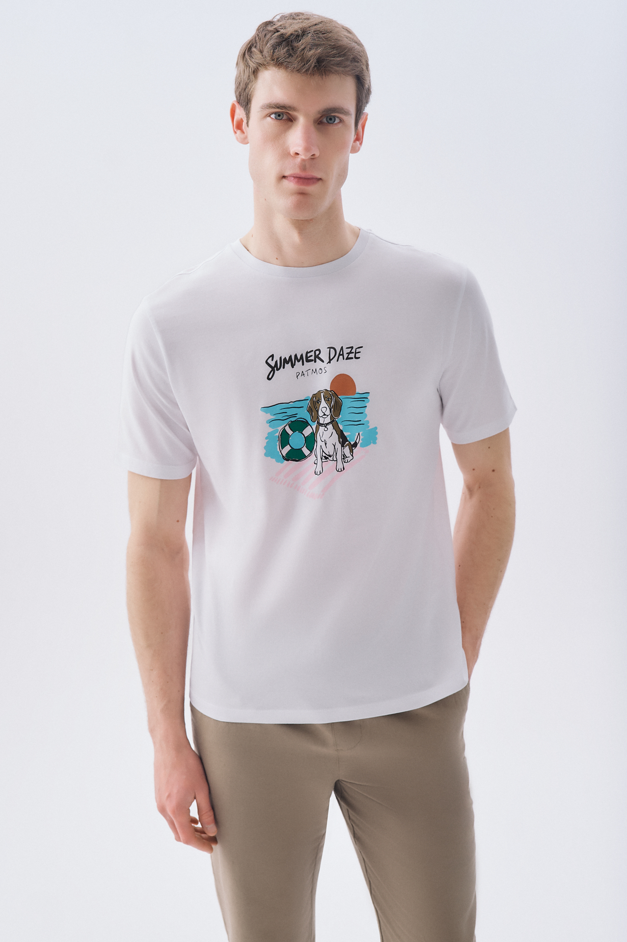 Erkek Beyaz Baskılı Bisiklet Yaka T-Shirt