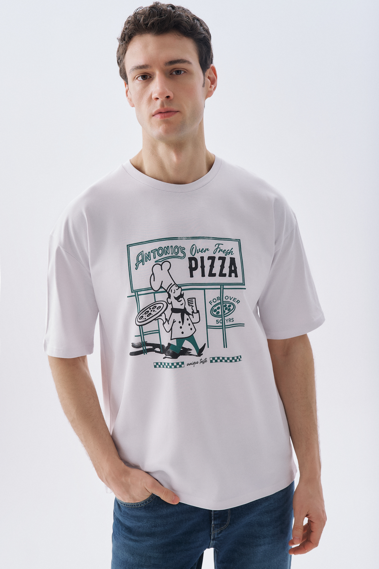 BASKILI OVERSIZE BİSİKLET YAKA T-SHIRT