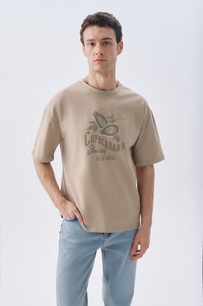 Mudo Erkek Bej Baskılı Oversize Bisiklet Yaka T-Shirt