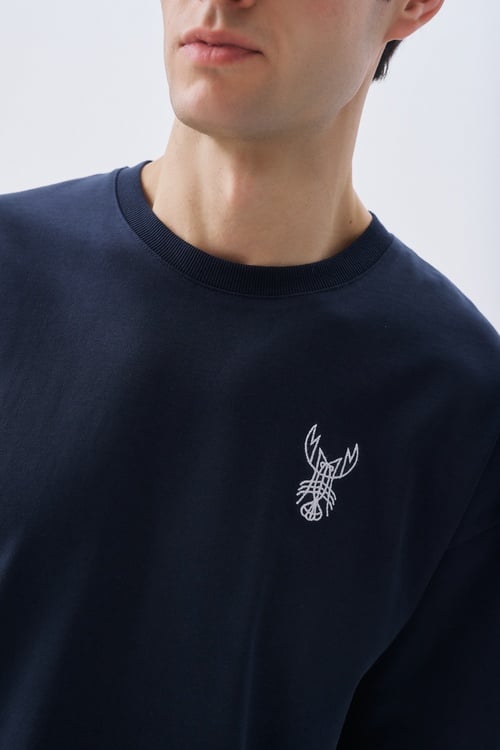 Erkek Lacivert Nakışlı Oversize Bisiklet Yaka T-Shirt