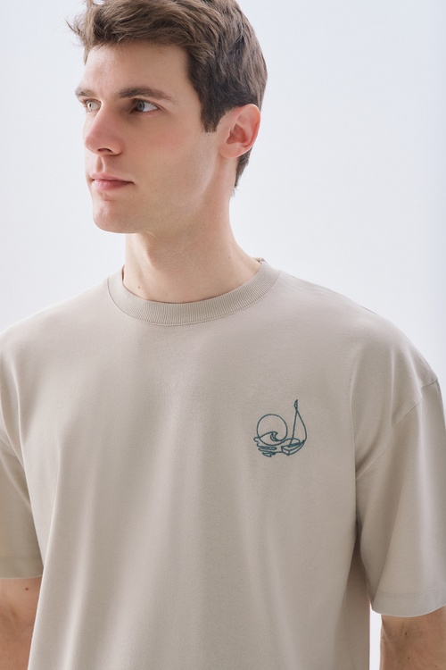 NAKIŞLI OVERSIZE BİSİKLET YAKA T-SHIRT