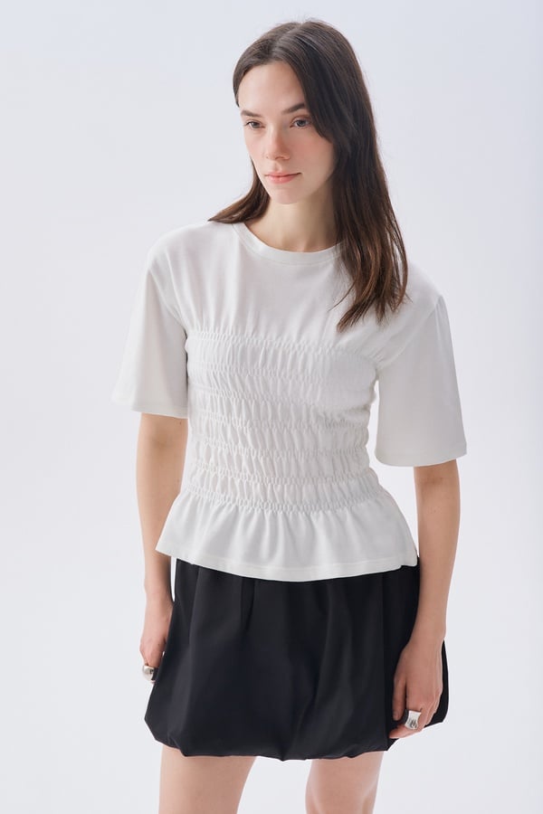 BÜZGÜLÜ BİSİKLET YAKA KISA KOLLU BLUZ