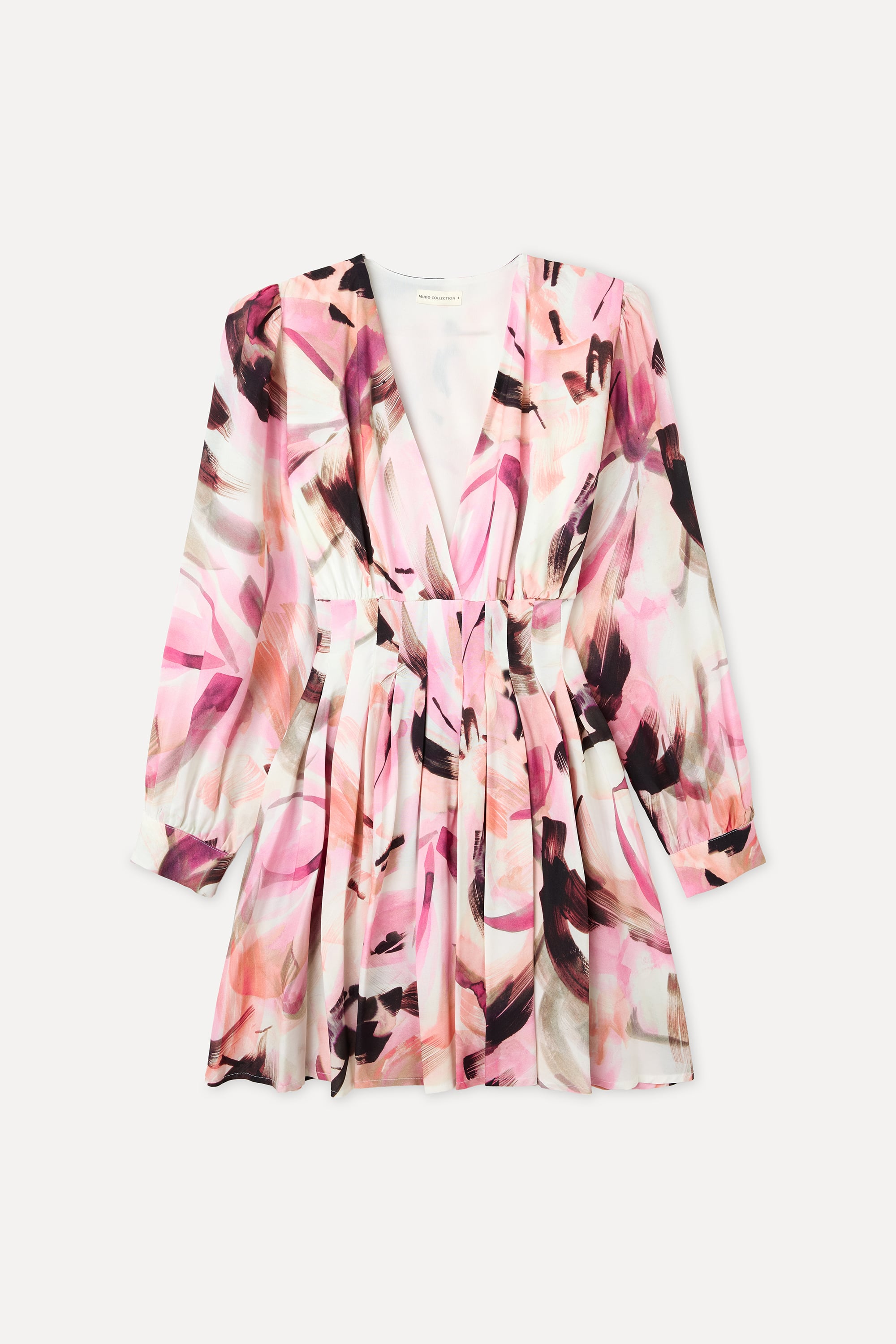 Kadın Pembe Desenli V Yaka Mini Elbise