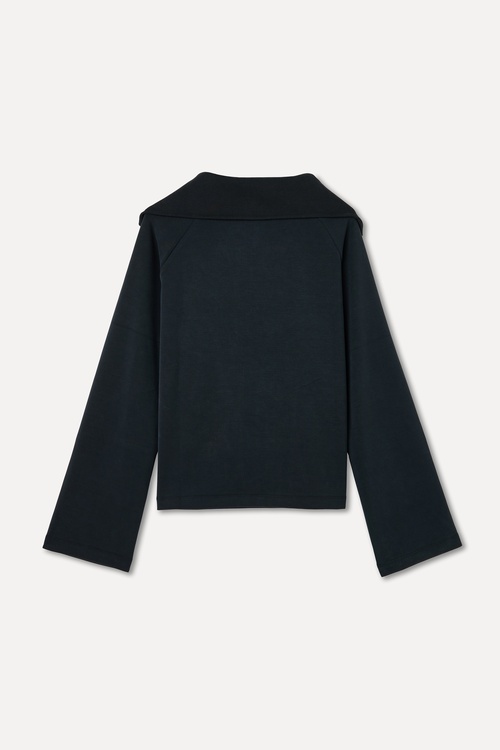  Kadın Siyah Modal Karışımlı Fermuarlı Polo Yaka Sweatshirt