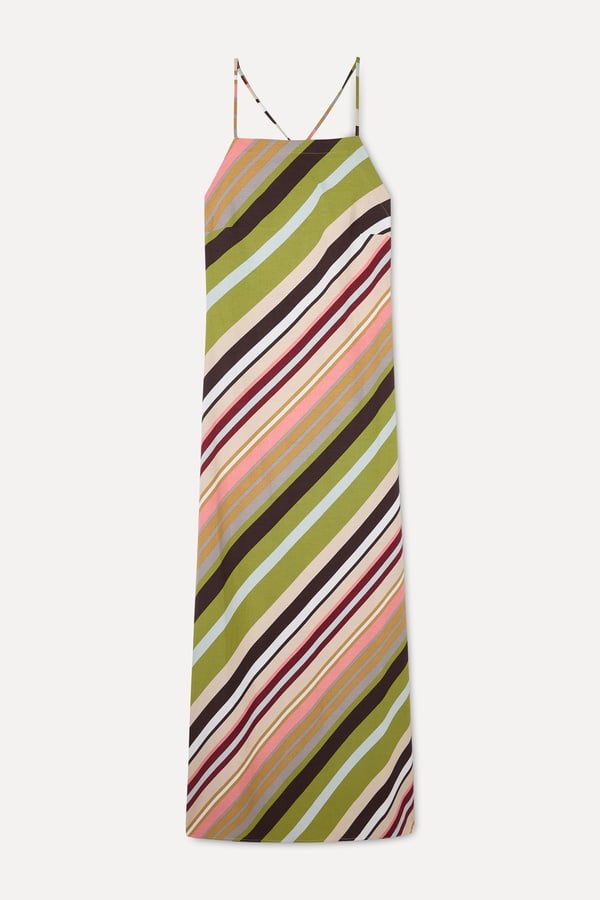 DESENLİ SIRT DETAYLI KOLSUZ MİDİ ELBİSE