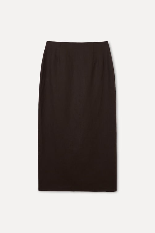 DÜĞME DETAYLI MİDİ KETEN ETEK