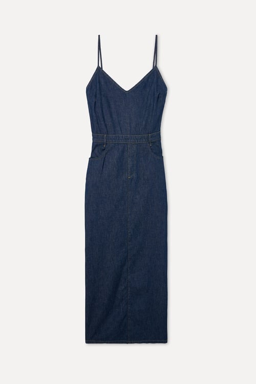 ASKILI CEP DETAYLI MİDİ ELBİSE