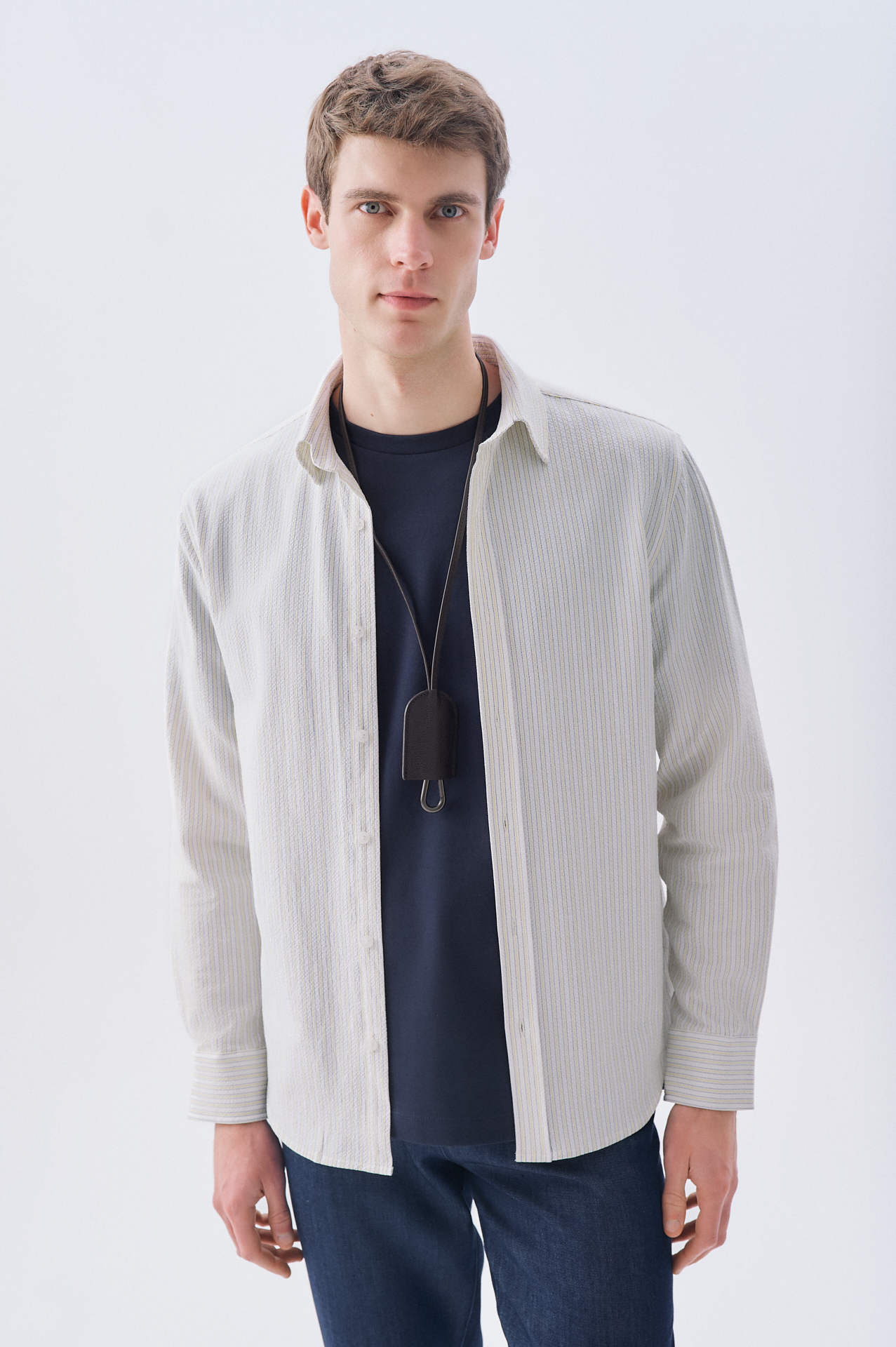 Erkek Beyaz Regular Fit Uzun Kollu Seersucker Gömlek